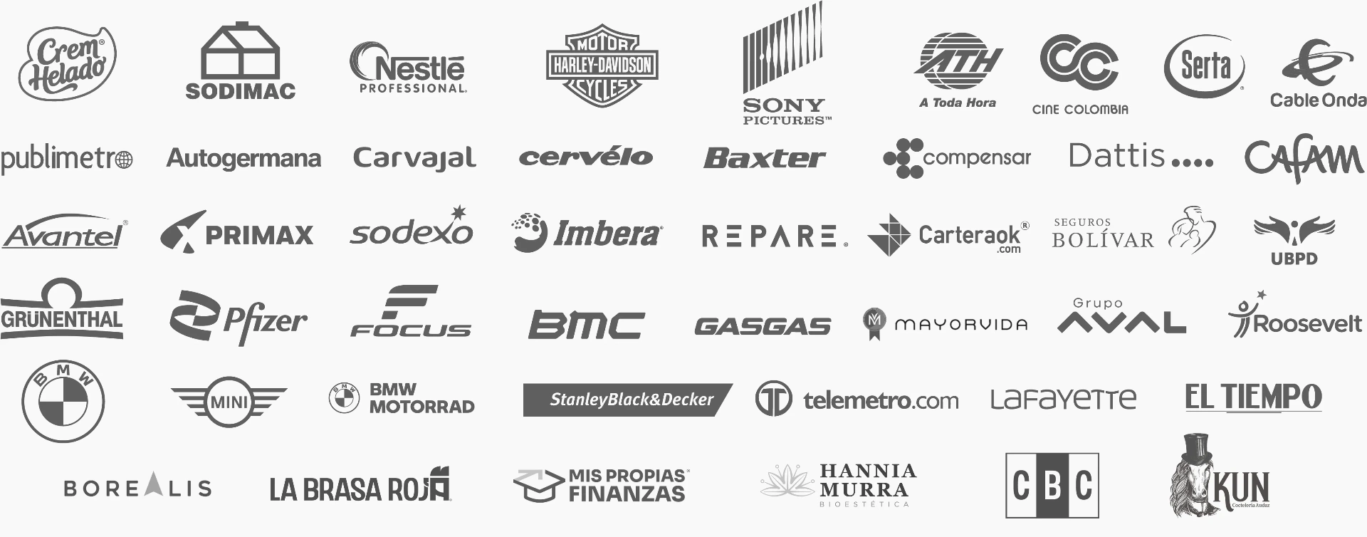 Logos de empresas con las que ha trabajado Tata Orozco: Nestlé, Sodimac, Harley-Davidson, Sony Pictures, BMW, Pfizer, Autogermana, Imbera, Borealis, entre otras
